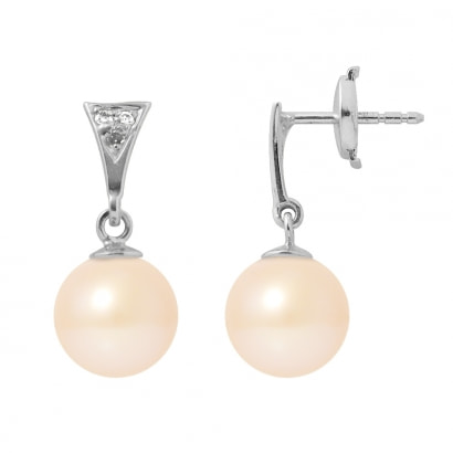 Boucles d'Oreilles Perles de Culture Roses, Diamants et Or Blanc 750/1000