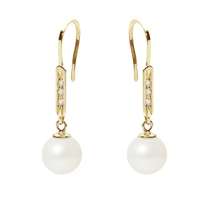 White Freshwater Pearl, Diamonds Dangling Earrings and yellow gold 750/1000