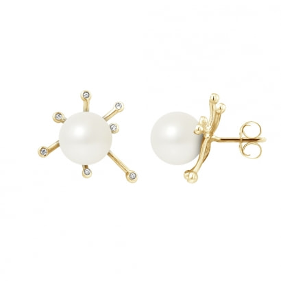White Freshwater Pearl, Diamonds Earrings and yellow gold 750/1000
