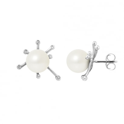 Orecchini di perle coltivate bianche, diamante e oro bianco 750/1000