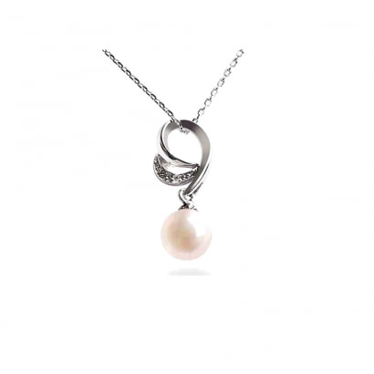 Freshwater Pearl and Cz Stone Pendant and white gold plated Silver