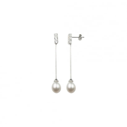 Freshwater Pearl Cz Stone Dangle Earrings and Silver Mounting