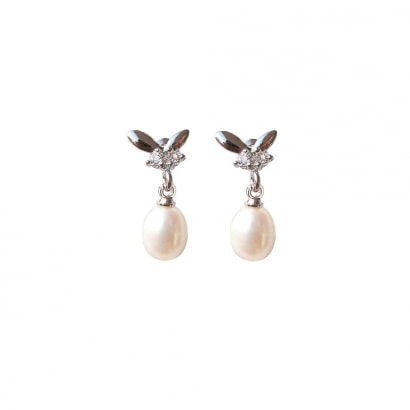 Freshwater Pearl and Cz Stone Butterfly Earrings and white Gold plated Silver Mounting