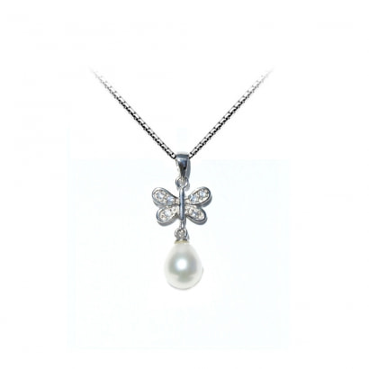White or Black Freshwater Pearl Butterfly Pendant and 925 Silver