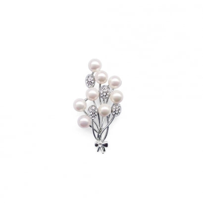 Broche Bouquet Perles de culture Pierres Cz et Plaqué Or blanc