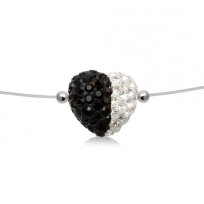 Black and white Crystal Heart Invisible Nylon Necklace and Silver