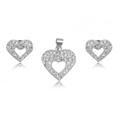 White Crystal Heart Pendant and Earrings Set and 925 Silver