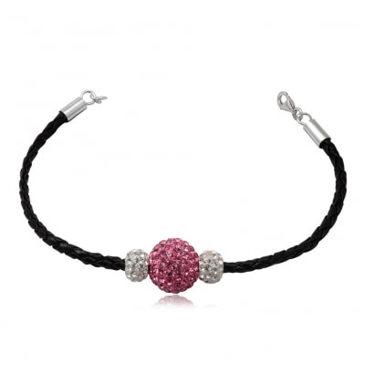 Black Leather Bracelet, White and Pink Crystal Beads