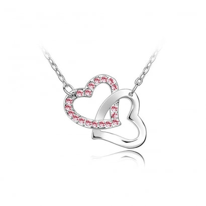 Double Heart Necklace made with a Pink Crystal from Swarovski