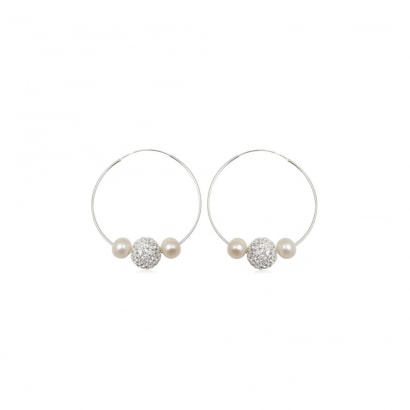 White Crystal and Pearls Hoop Earrings and 925 Silver