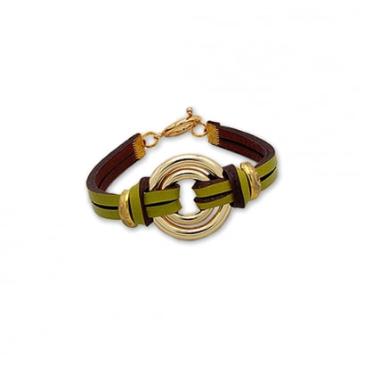 Gold Double Circle Bracelet and Green Leather