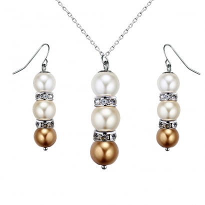 Schmuckset: Halskette und Hänge-Ohrringe mit gelben Perlen und weißen Kristallen