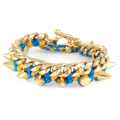 Ettika - Geflochtenes, blaues Baumwollbänder-Armband mit Spikes und Gelbgold