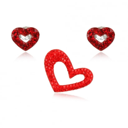 Red Crystal Hearts Pendant and Earrings Set and 925 Silver