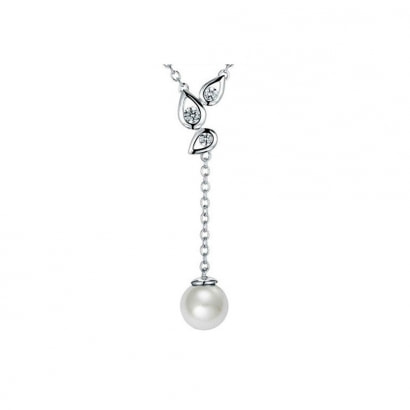 Pearl, White Swarovski Crystal Elements Leaves Necklace and Rhodium Plated