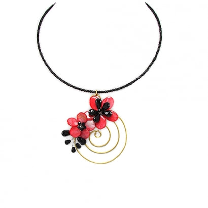 Flowers and Pink Mother of Pearl Spiral Necklace