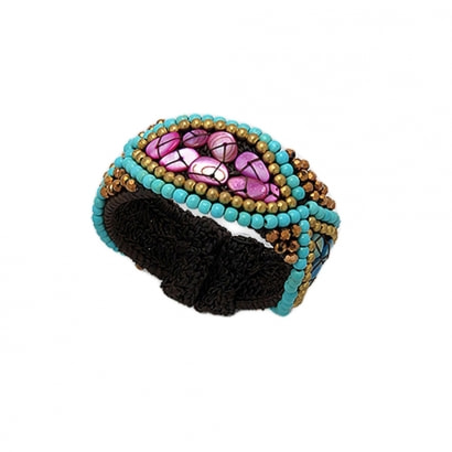 Armband aus geflochtener Baumwolle mit türkisen Perlen und violettem Perlmutt