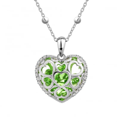Green Swarovski Crystal Elements Heart Pendant and Rhodium Plated