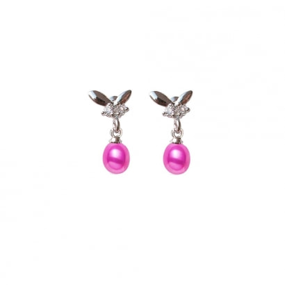  Hot Pink Freshwater Pearl and Cz Stones Butterfly Earrings and Silver white gold plated Mounting