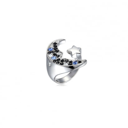 Black and Blue Swarovski Crystal Elements Moon Ring and Rhodium Plated - T7
