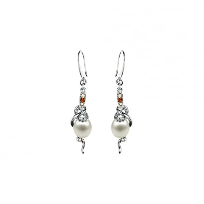 Swarovski Crystal Elements and White Pearl Snake Earrings and Rhodium Plated