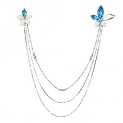 Collier pin's Fleur en Cristal Swarovski Elements Bleu et Plaqué Rhodium