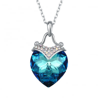 Pendentif Coeur en Cristal Swarovski Elements Bleu et Plaqué Rhodium
