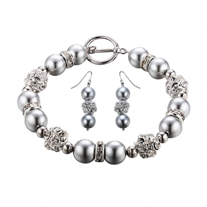 Parure Bracelet et Boucles d'oreilles Perles Argentées, Cristal et Plaqué Rhodium