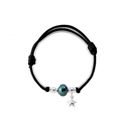 Bracelet Perle de Tahiti, Etoile en Argent Massif 925/1000 et Coton Ciré Noir