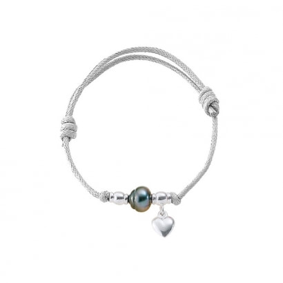 Bracelet Perle de Tahiti, Coeur en Argent 925/1000 et Coton Ciré Blanc