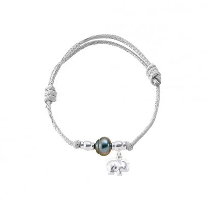 Bracelet Perle de Tahiti, Eléphant en Argent Massif 925 et Coton Ciré Blanc