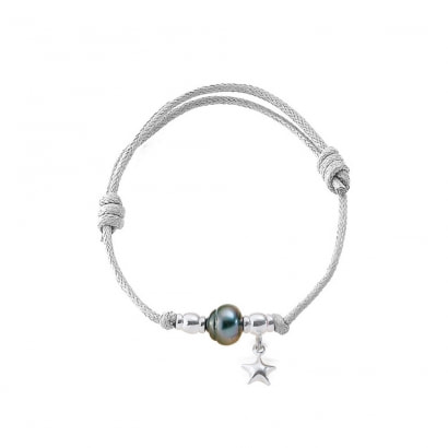 Bracelet Perle de Tahiti, Etoile en Argent 925/1000 et Coton Ciré Blanc