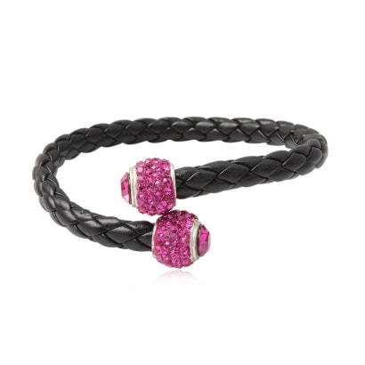 Black Leather Pink Crystal Pearls and 925 Silver Bracelet