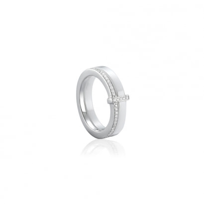 Ring Keramik Weiß, Silber und Zirkonia Kristalle - T50
