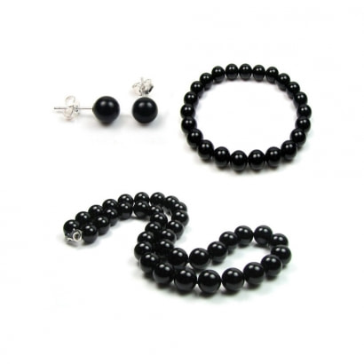 Black Onyx Pearl Necklace, Bracelet and Earrings Set