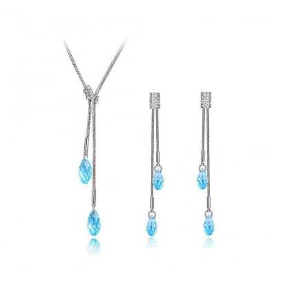 Swarovski Elements Crystal Blue Necklace and Earrings Set and White Gold Plated Mounting