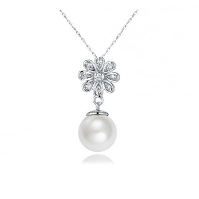 Pendentif Fleur Perle blanche, Cristal de Swarovski Element Blanc et Plaqué Rhodium