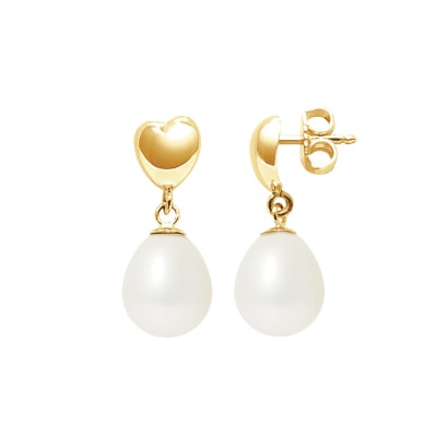 Boucles d'Oreilles Coeurs Pendantes Perles de Culture Blanches et or jaune 375/1000