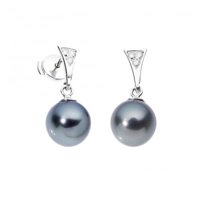 Boucles d'Oreilles Perles de Tahiti, Diamants 0.06 cts et Or Blanc 750/1000