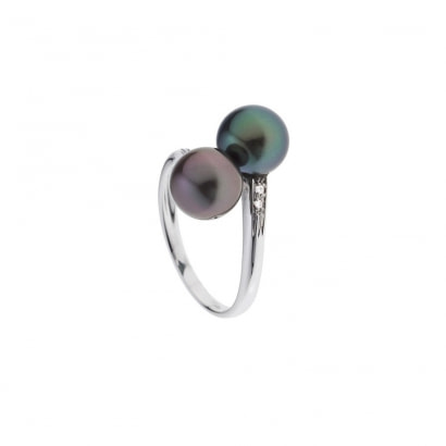 2 Black Tahitian Pearls, Diamonds Ring and White Gold 375/1000