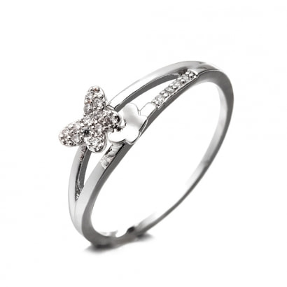 Rhodium Plated Butterfly Ring Cubic Zirconia and White