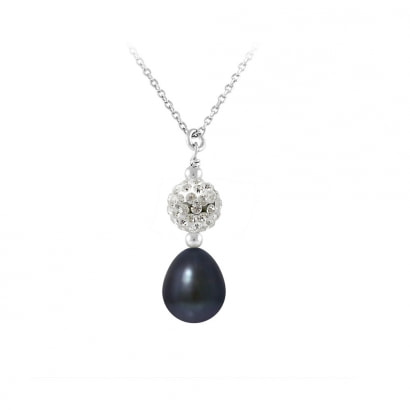 Necklace and Pendant Black freshwater pearl, crystal and 925 Silver
