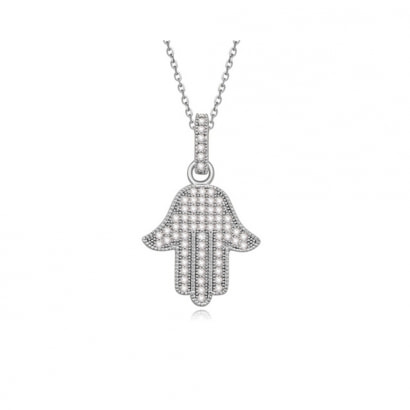 White Cubic Zirconia Crystal Fatma's Hand Pendant and Rhodium Plated