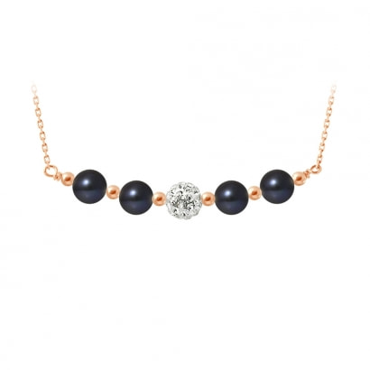 Collier Perles de culture Noires, cristal et Argent 925 plaqué or rose