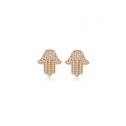 Yellow Gold Plated Fatma's Hands Earrings and White Cubic Zirconia 