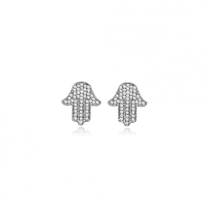Rhodium Plated Fatma's Hands Earrings and White Cubic Zirconia 
