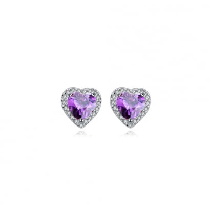 Rhodium Plated Heart Earrings and White anf Purple Cubic Zirconia 