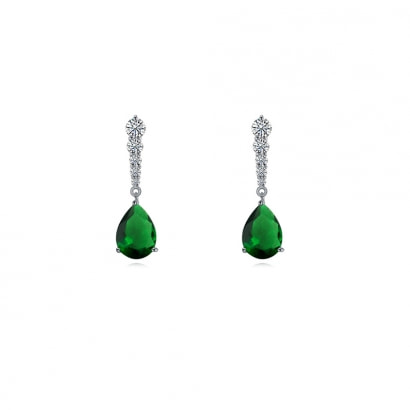 Green Cubic Zirconia Dangle and Earrings Rhodium Plated