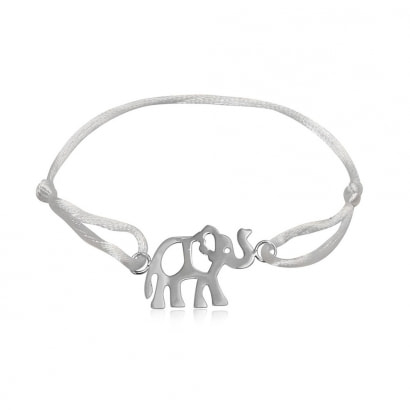 White Silk and 925 Silver Elephant Bracelet