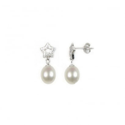 Boucles d'Oreilles Etoile en Perles de Culture Blanc et Argent 925